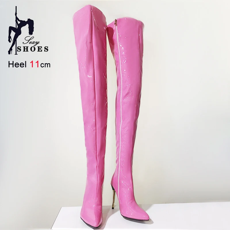 2025 Over-the-knee Shiny Women's Boots Patent Leather Thigh High Boots Girl Shoes Sexy Fetish Zipper Pointed toe 11cm High Heels
