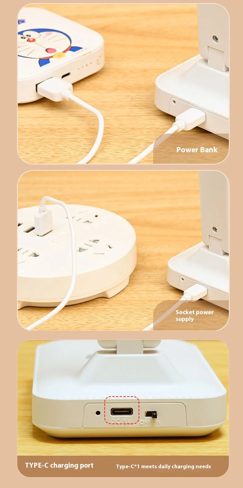 LED double-head desk lamp, 3-level dimmable touch night light, USB rechargeable, eye-protection, foldable bedside reading desk