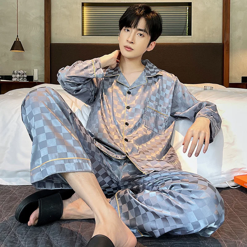 Spring Autumn Men's Thin Imitation Silk Pajamas Long Sleeve Jacquard Cardigan Pants Casual Loose Fitting Home Clothing Set