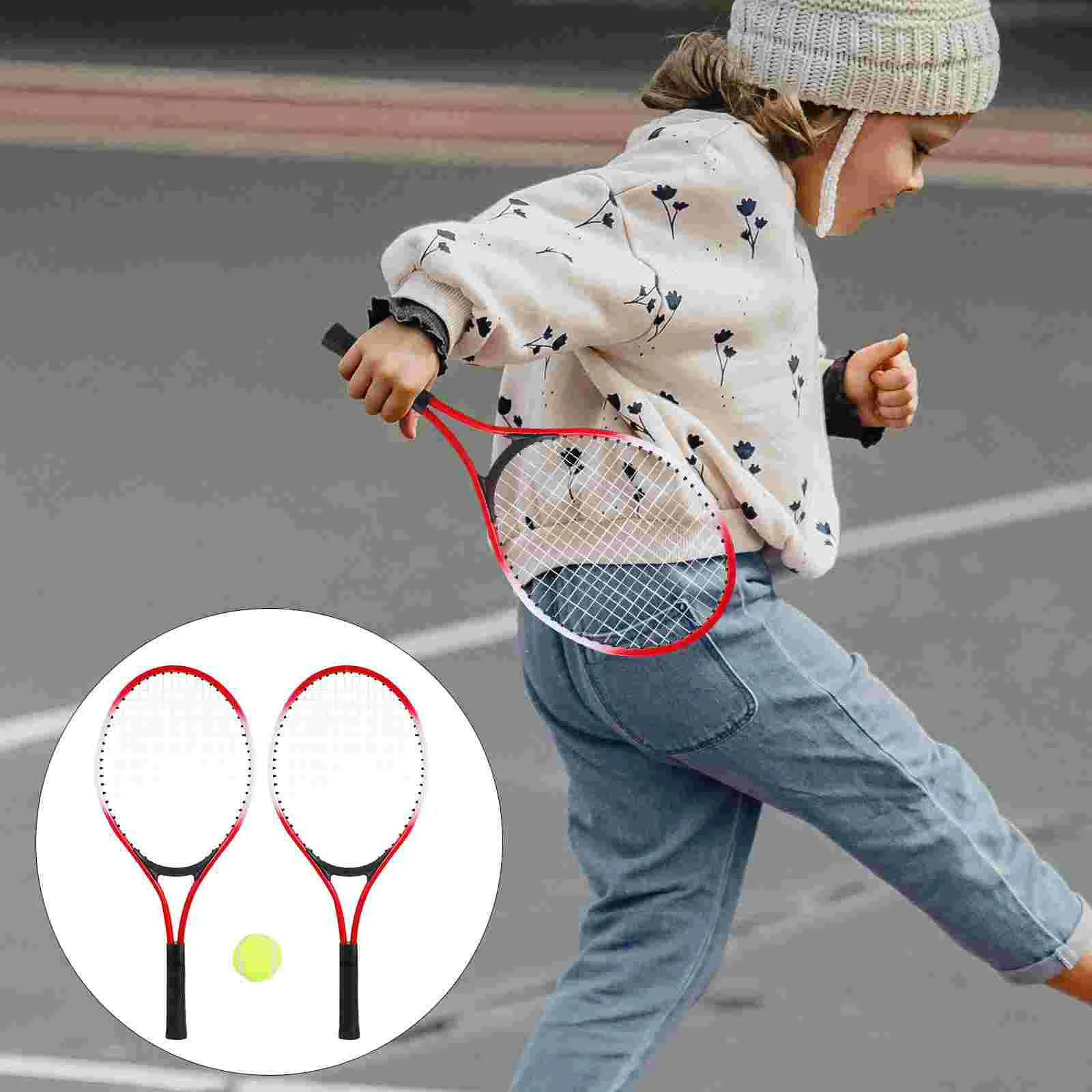 Two Tennis Rackets Kids Sports Toy Lightweight Ferroalloy Material Durable Oval Racket Surface Tennis Racket Set Children