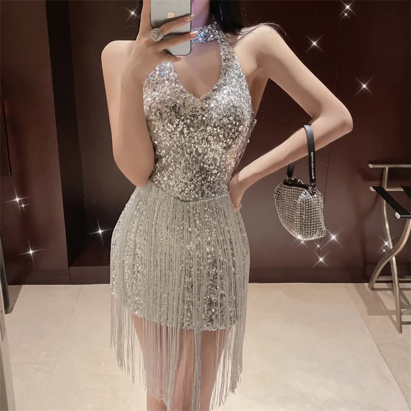 

European and American Luxury Retro Sequined Glittering Sexy Halter Neck Dress with Tassel Design Sleeveless Temperament Dresses