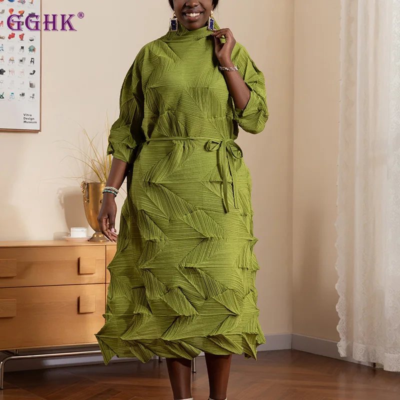 

GGHK Miyake 2023 New Pleated Solid Color Dress Diamond Pleated Large Size Thin Gas Lace Messy Pleated Skirt In Long Section