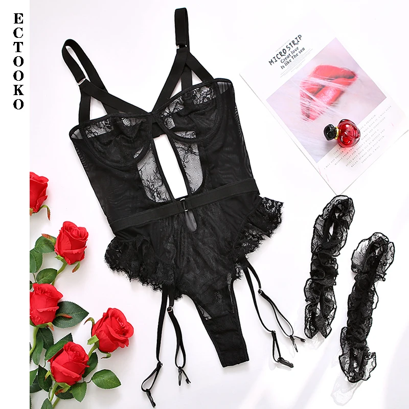 Embroidery Floral Backless Mesh Sheer See Through One-piece Rompers Women Lingerie Slim Bodysuit Babydoll sexy lingerie