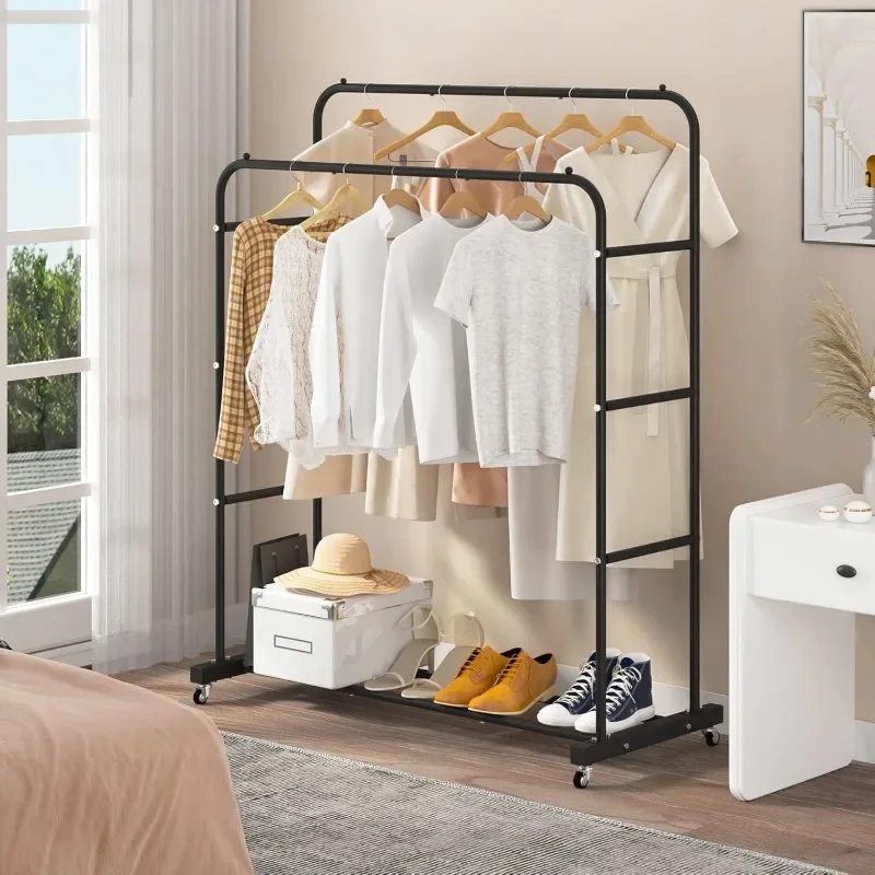 Double Rods Clothing Rack with Wheels, Garment Rack for Hanging Clothes, Multi-functional Bedroom Clothes Rack, Black 4