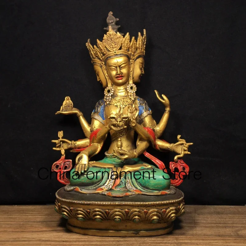 

31cm Tibetan brass painted decoration of the statue of Goddess of Mercy with three sides and eight arms of the Buddha