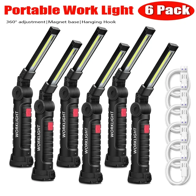 1-6PC Work Light Magnetic Base Hook Rechargeable 360°Rotating Portable Handheld Flashlight For Working Repairing Outdoor Camping