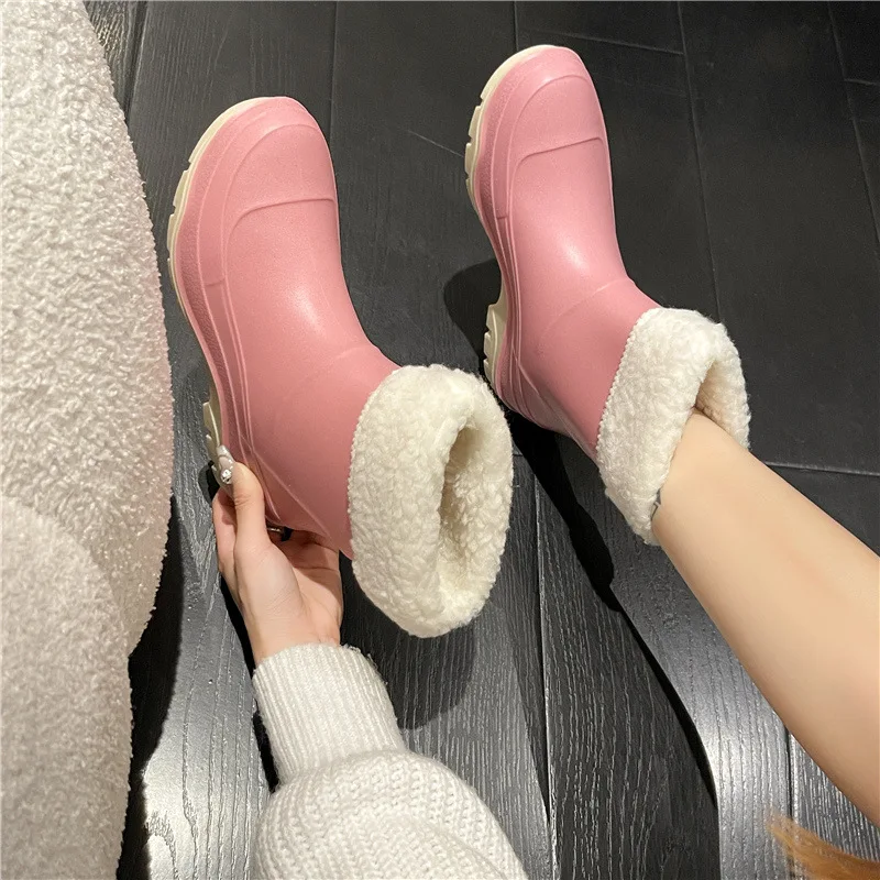 Women Solid Color Ankle Rain Boots Female Winter Outdoor Waterproof Non-slip Warm Boots Flat Platform Water Shoes
