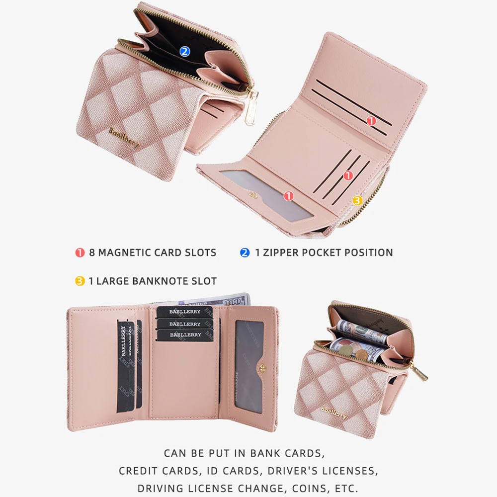 1Pcs/Baellerry Women's Portable Diamond Pattern Short Wallet Multi-Card Slot Design + Zipper Coin Pocket Compact Portable Multifunctional Wallet