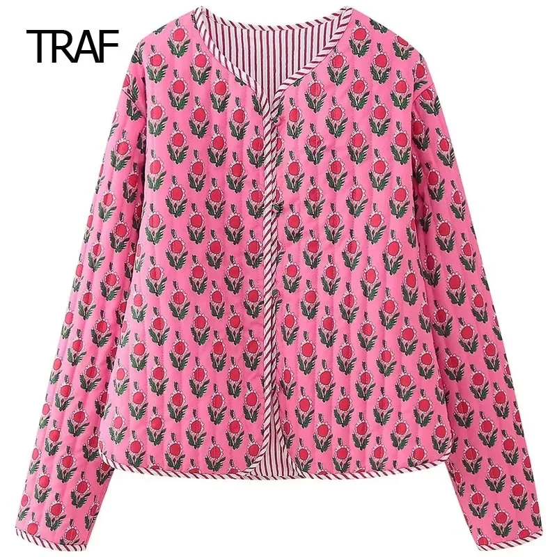

TRAF Women's Quilted Jacket Winter Print Cropped Coat Long Sleeve Padded Jacket New In Outerwears Winter Coat Women Very Warm