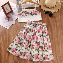 

LZH Baby Clothing 2022 Summer New Children's Sweet Suits Fashion Girls Print Floral Sling Bow Top+Skirts 2-Piece Sets 5-12 Years