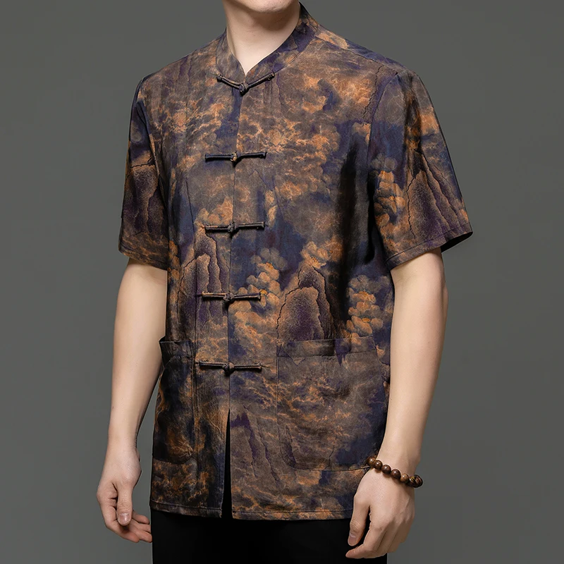 

Summer 2023 New Tang Dynasty Shirt Stand Up Neck Short Sleeve Loose Relaxed Chinese Style Retro Golf Street
