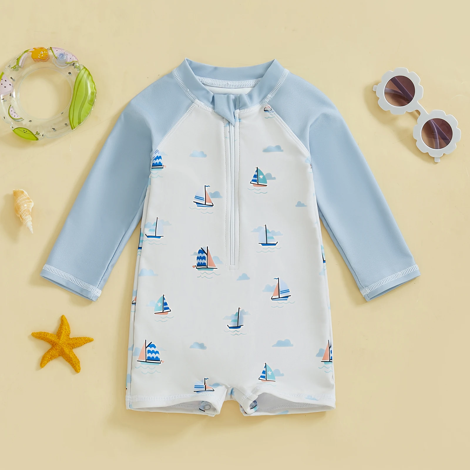 MISOWMNJOY Summer Baby Boys Swimsuit Casual Toddler Swimming Suit Cartoon Turtle Print Long Sleeve Mock Neck Zip Bathing Suit
