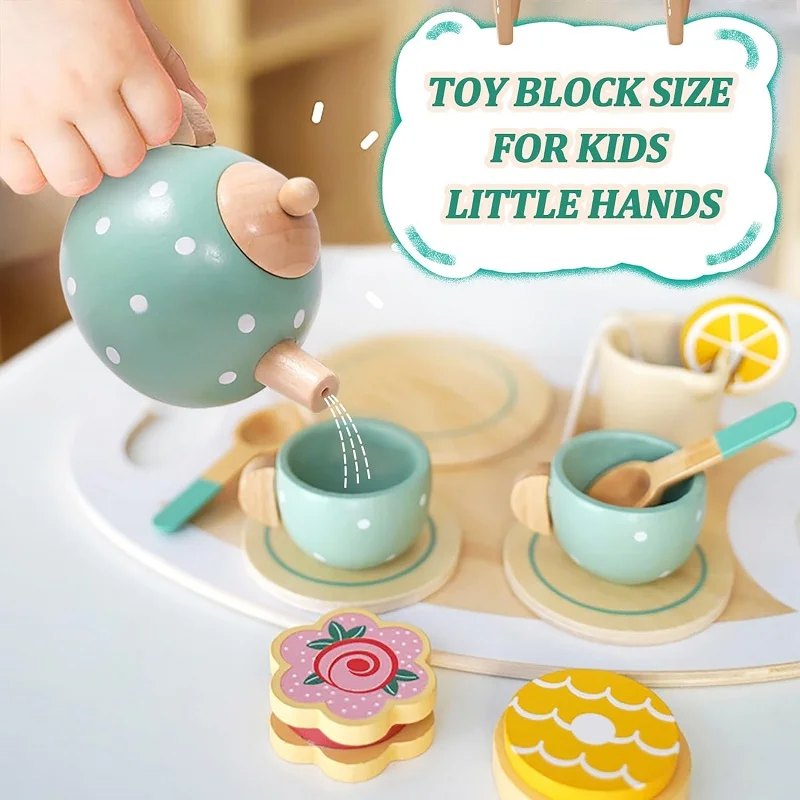 Wooden tea set toy little girls toddler play kitchen accessories kids pretend play food party toys
