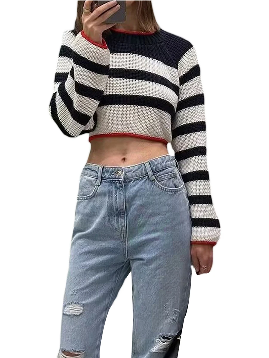 

Women Knit Sweater Long Sleeve Crew Neck Backless Striped Pullover Sweater Crop Top Clubwear