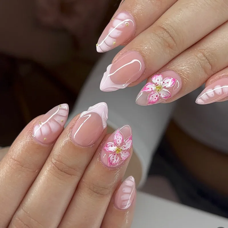 Elegant French Almond False Nails - 24Pcs Pink Stiletto with Glue & White Edge Design