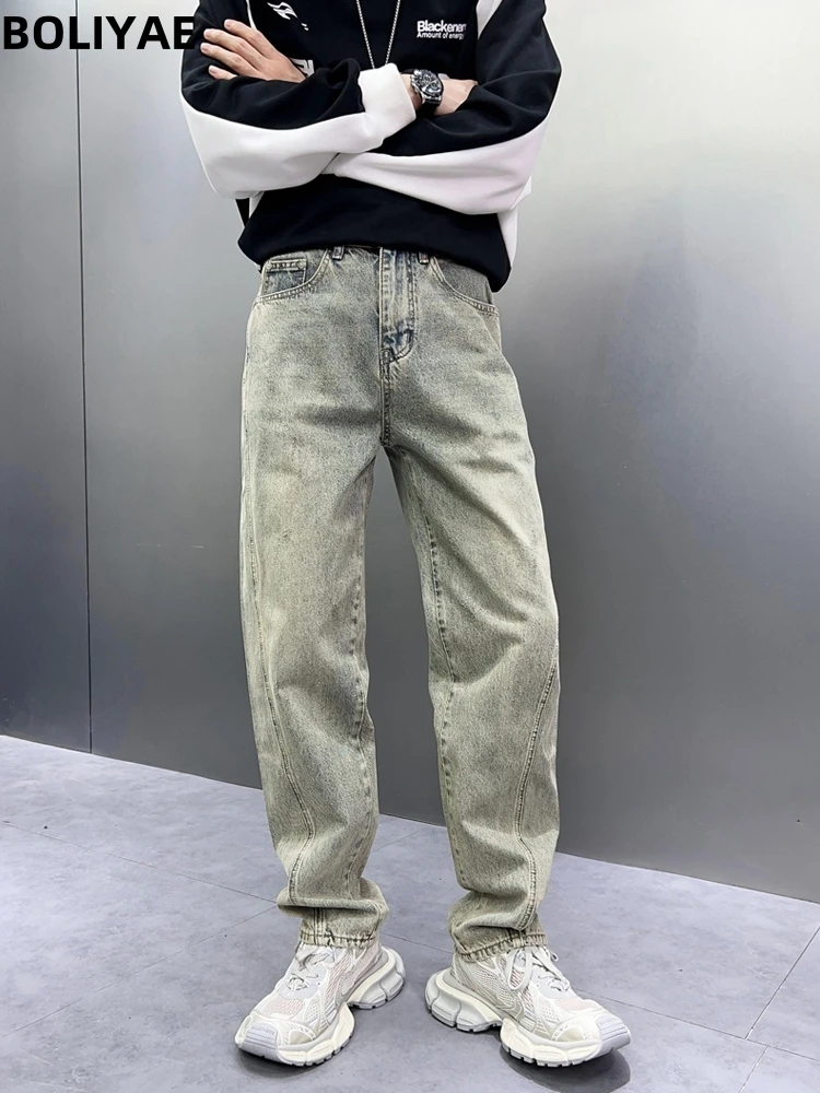 Boliyae 2024 Spring Autumn Retro Wide Leg Denim Pants Men Loose Straight Jeans High Street Y2K Fashion Streetwear Baggy Trousers