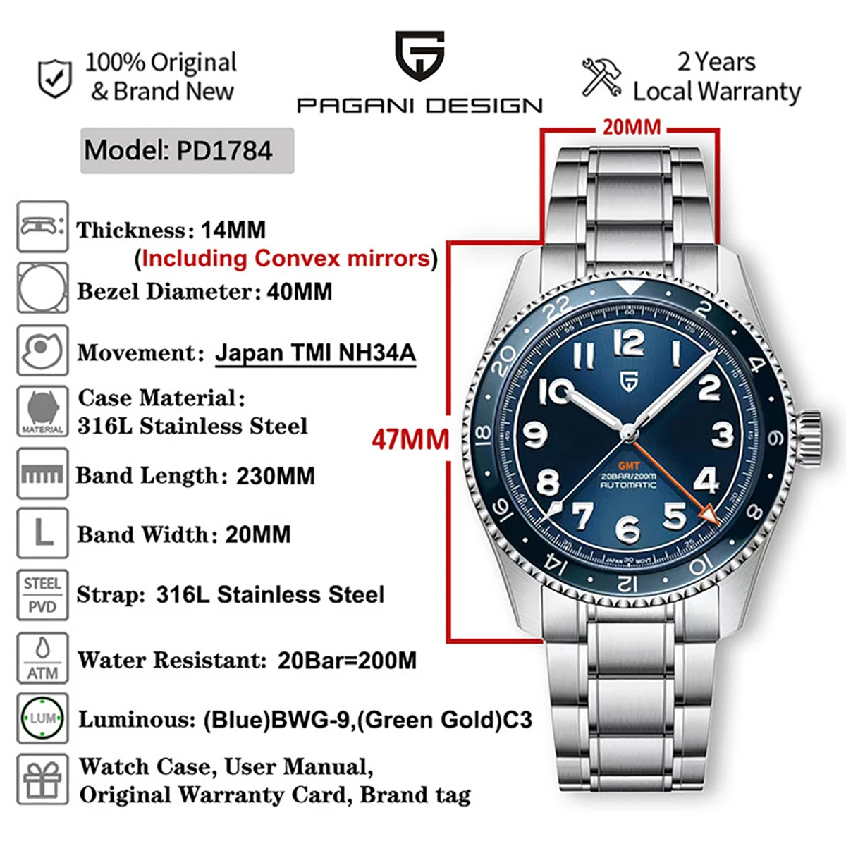Pagani Design 2024 GMT NH34A Men's Automatic Mechanical Watch Luxury Sapphire Stainless Steel Waterproof 200M Watch for Men's Re