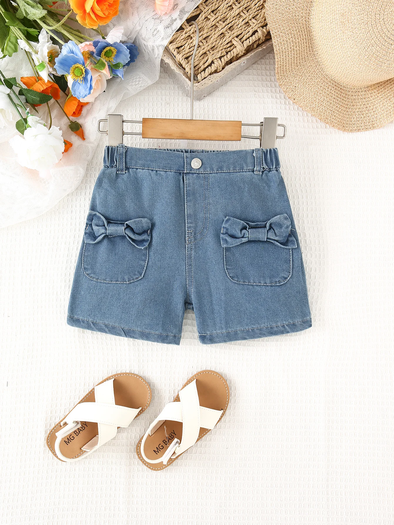 New kids girls cute style denim shorts with bow tie