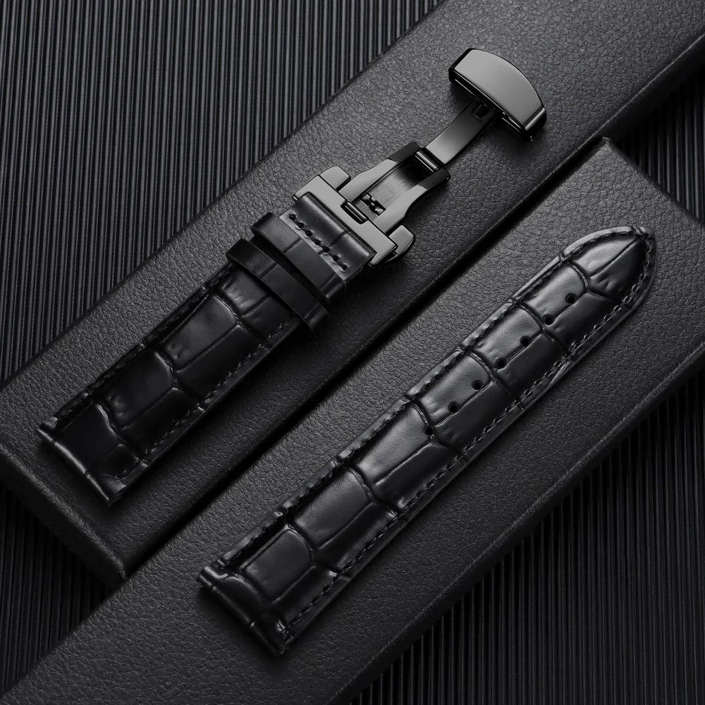 Elegant Butterfly Buckle Genuine Calfskin Leather Watch Strap - Soft and Stylish Wristband