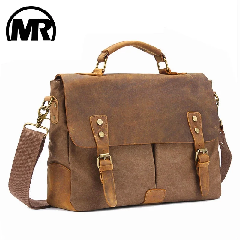 Vintage Crazy Horse Leather Canvas Messenger Bag Laptop Briefcase Crossbody Satchel