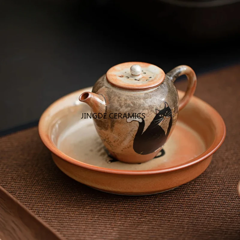 120ml Japanese Wood-fired Porcelain Zhiye Teapot Handmade Gilt Silver Silver Cat  Pot Tea Brewing Kettle Drinkware Decoration