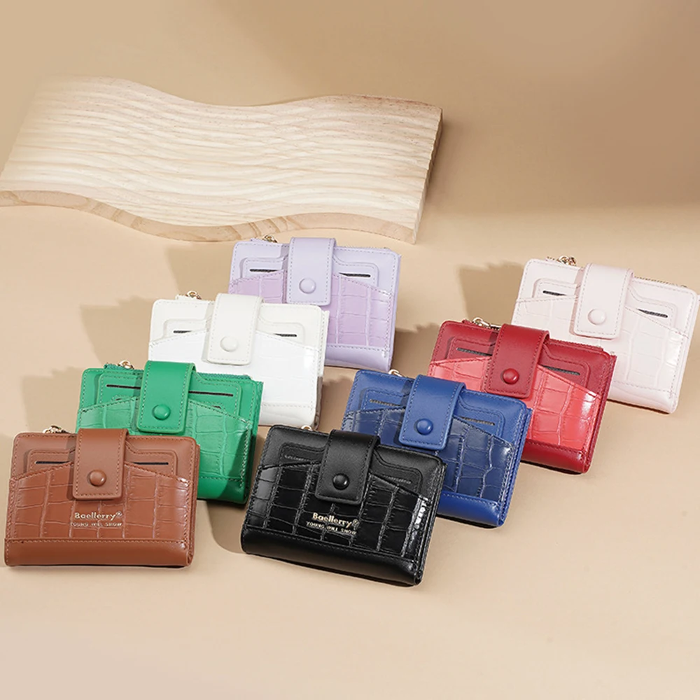 Baellerry Women's Ultra-Thin Short Wallet, Crocodile Pattern Leather, Metal Buckle Design, Simple and Stylish Card Holder