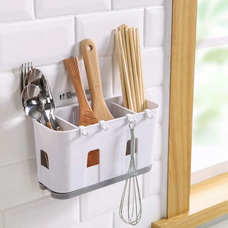 Wall Mounted Cutlery Drainer Rack with Drip Tray Utensils Organizer Spoon Fork Kitchen Supplies