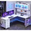 L-shaped Computer Desk with Storage Shelves, Pegboard, LED Lights, Sockets, Home Office Desk, Corner Table, Large Gaming Table 1