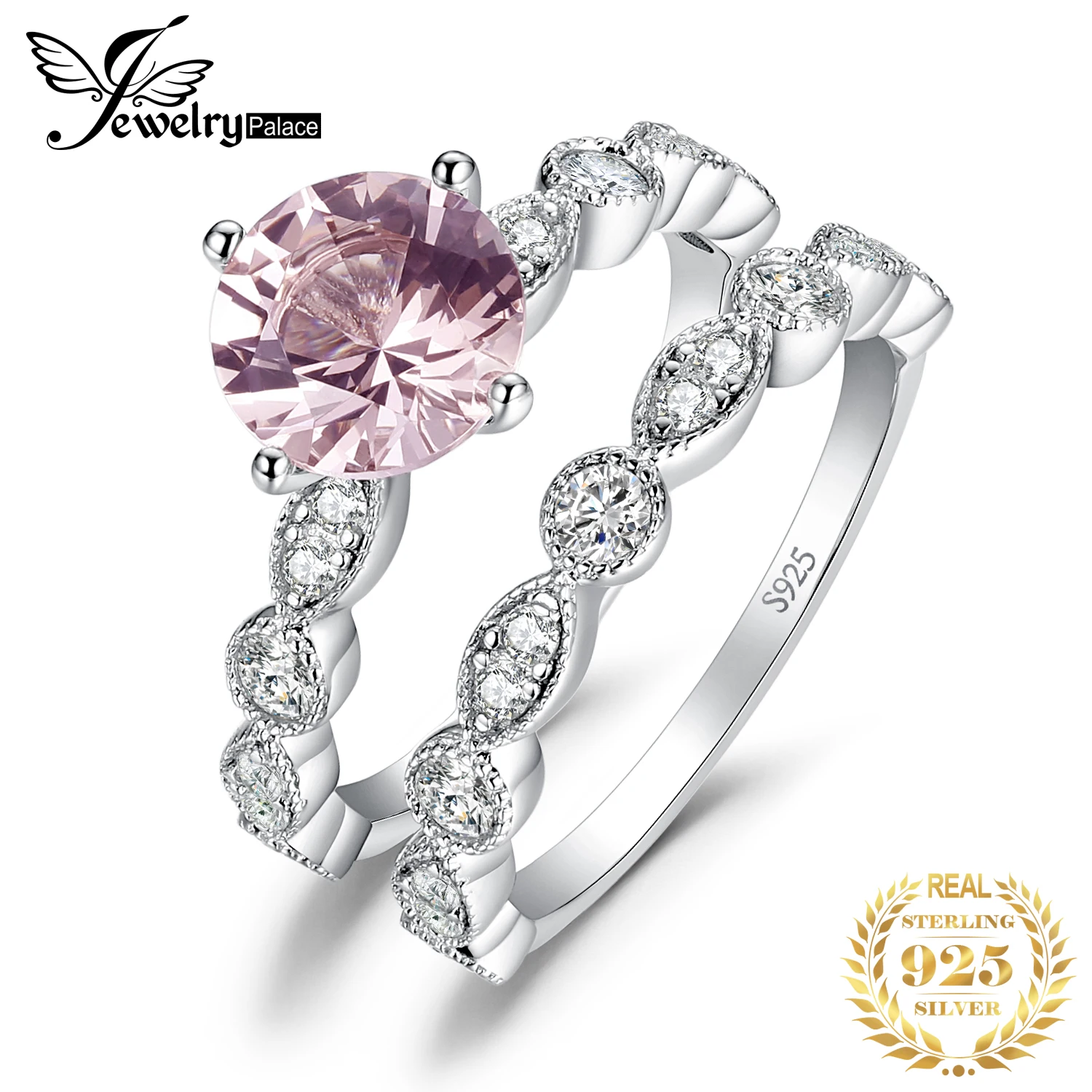 

JewelryPalace Infinity 3ct Created Pink Morganite Sapphire 925 Sterling Silver Solitaire Engagement Ring Bridal Set Wedding Band