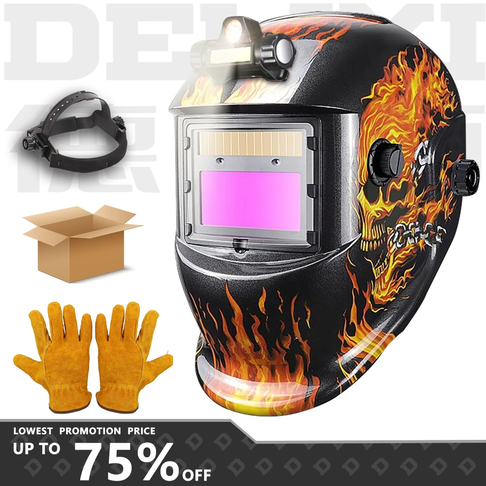 DELIXI Welding Mask Welder Protection Head-mounted Welding Mask Solar Automatic Dimming Adjustable Welding Mask Helmet Skull