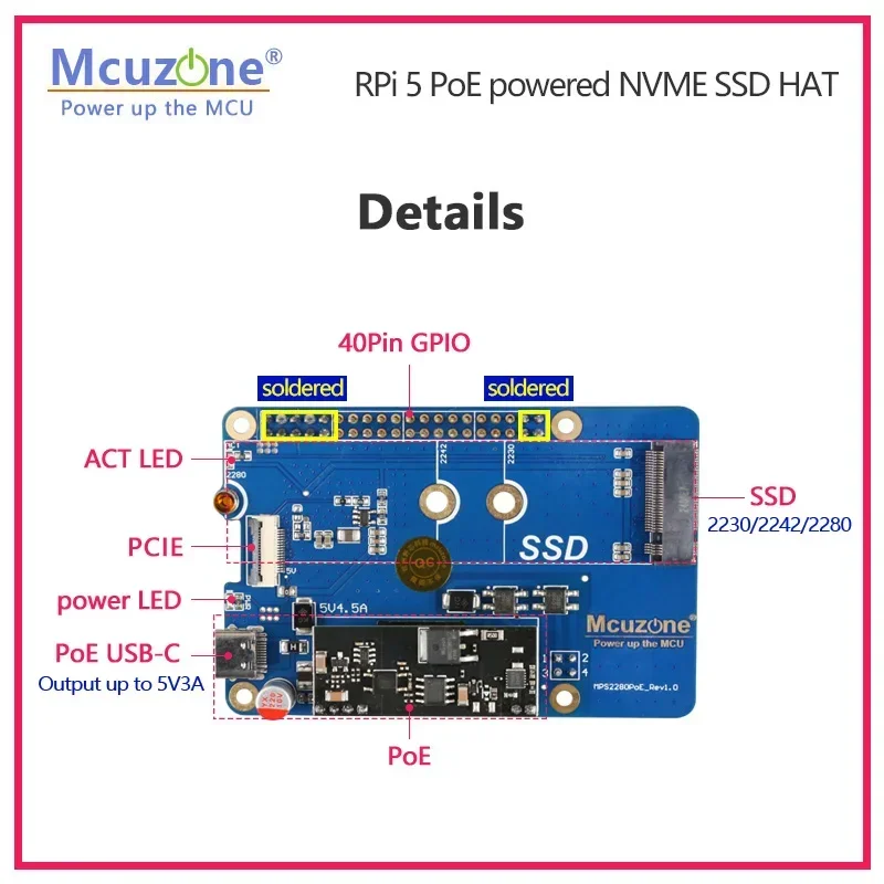 MPS2280-PoE,  Pi5 PoE  NVME SSD HAT, PCIE M.2 NVME 2280 SSD,  2242,2230, POE  5v4.5A