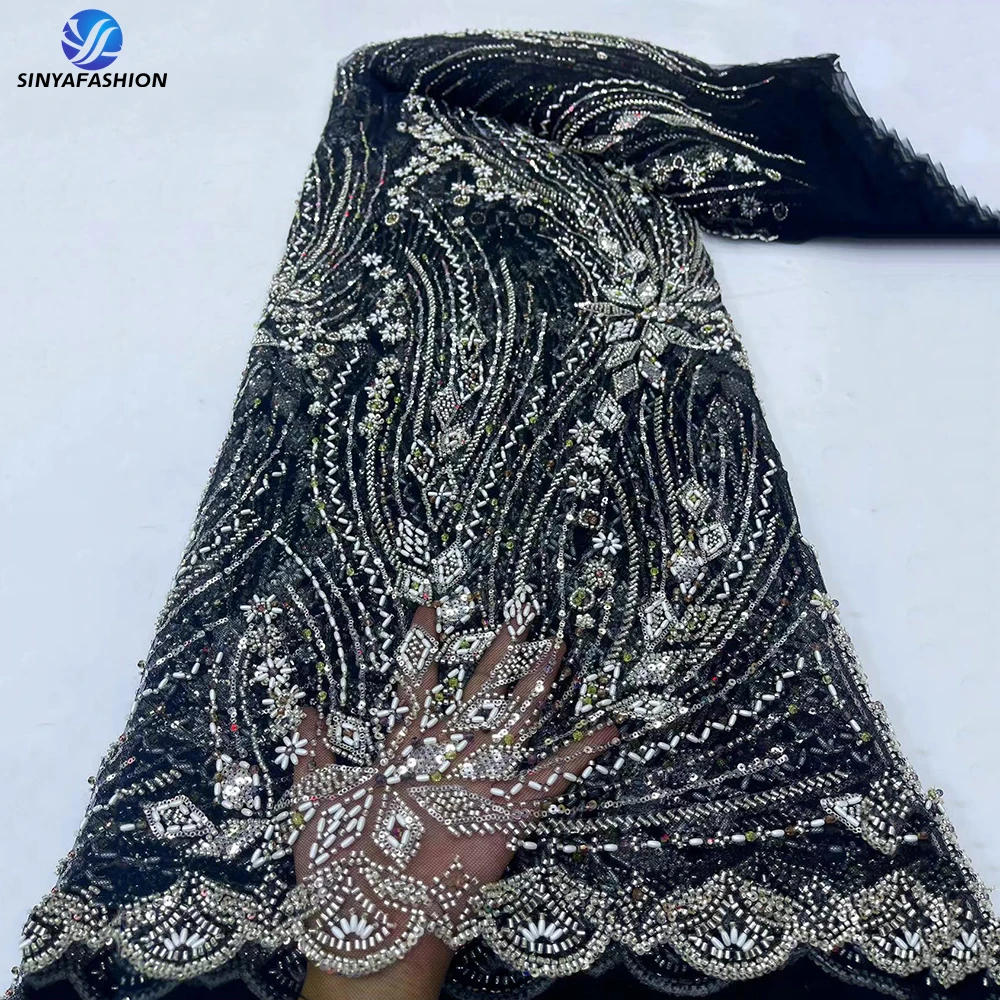 

Sinya Black African French Tulle Groom Bridal Wedding Diamond Beaded Lace Fabric 5 Yards High Quality Sequins Mesh Luxury Lace