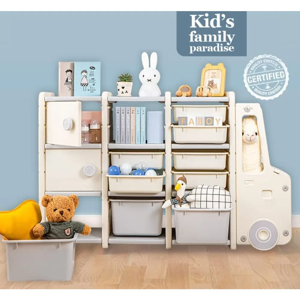 Kids Large Toys Storage Organizer Shelf Organizer for Books Toys with 11 Bins 2 Cabinets 3 Shelves Multipurpose Toy Book Storage