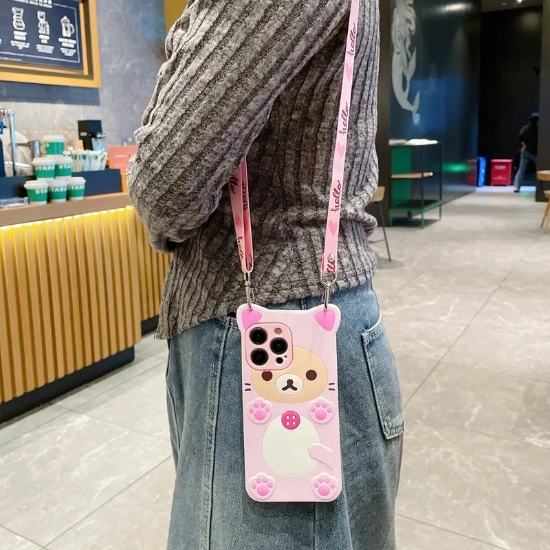 Charming Pink Bear Crossbody Lanyard Phone Case