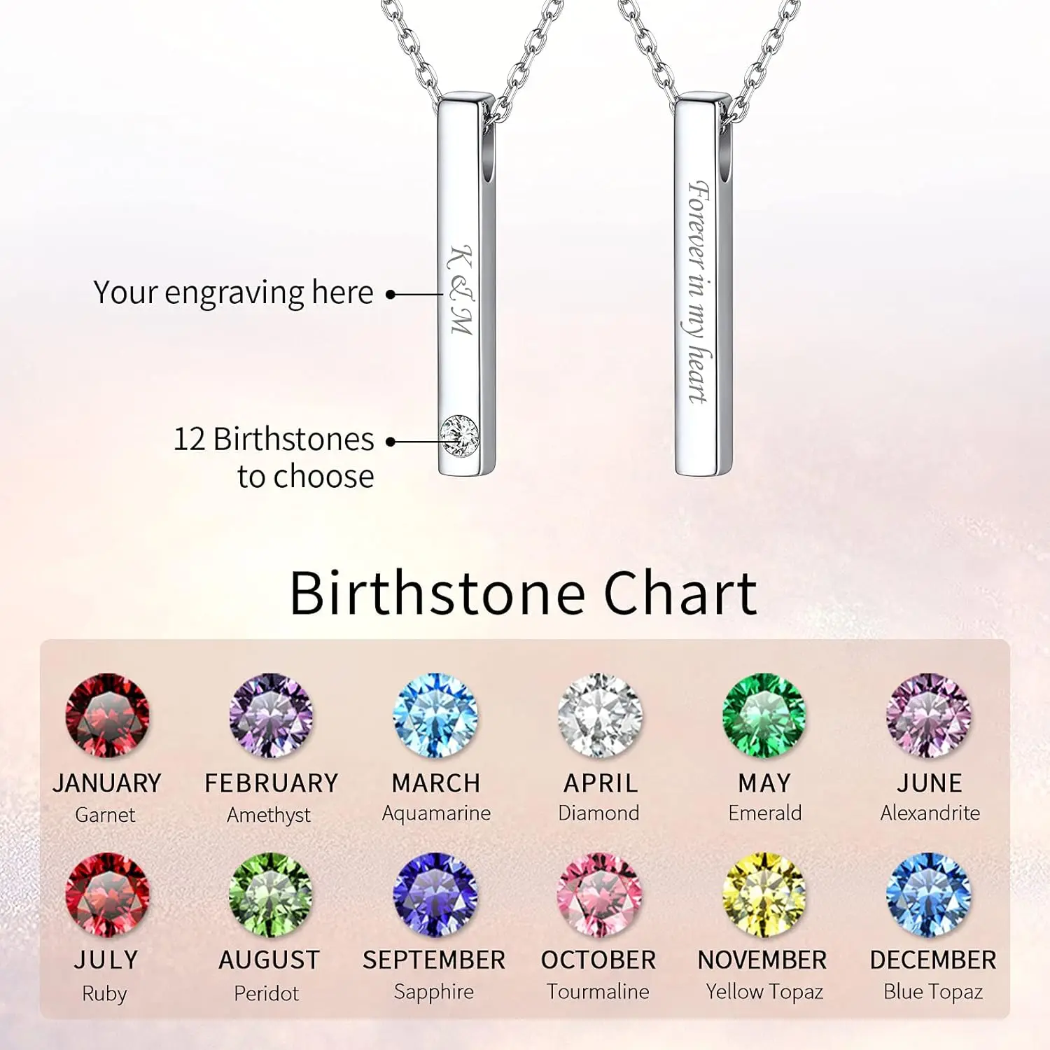  Personalized Bar Necklace with Birthstone 925 Sterling Silver Engraving Vertical Bar Unisex Custom Jewelry for Women