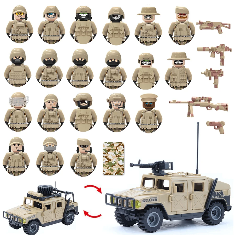 Militärische Spezialeinheiten Kommandos Polizei SWAT Auto Jeeps Gepanzertes Fahrzeug Modell Waffen Gewehre Gangster Soldat Baustein-Spielzeug