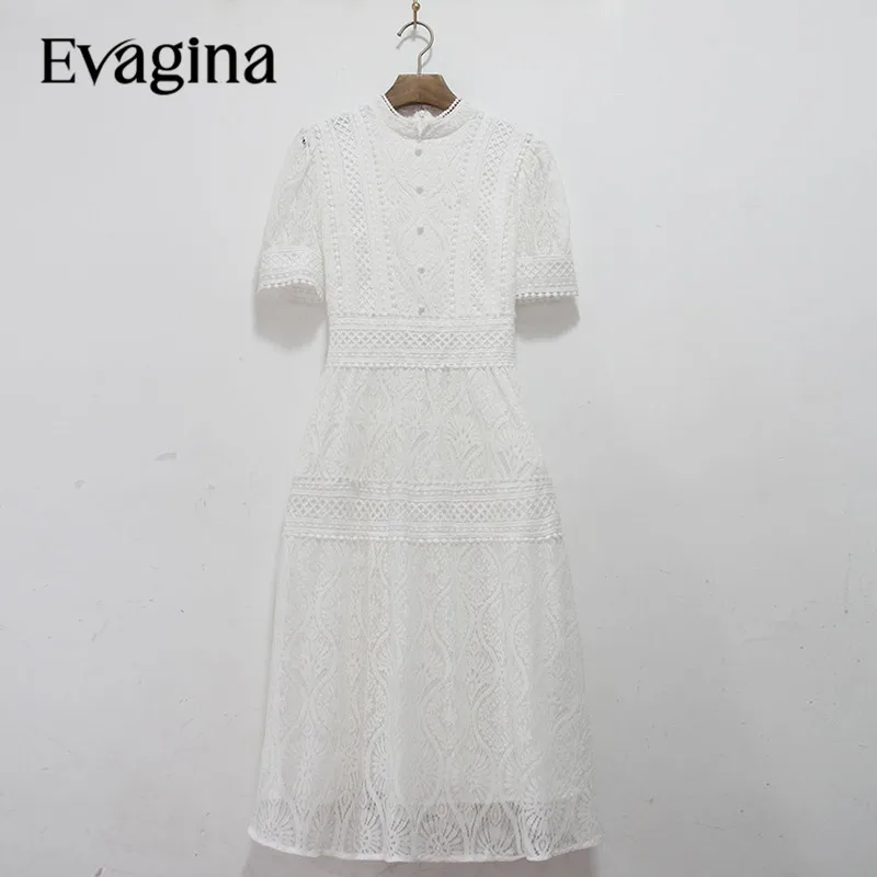 

Evagina Hollow Out Lace Waist Up Chiffon Long dress Spring Summer Women's New Puff Sleeve Standing Collar Holiday Dresses