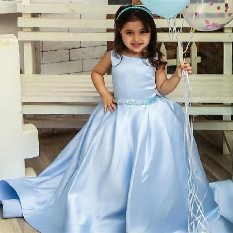

Sky Blue Satin Formal Kids Flower Girl Dresses Little Girl For Wedding First Communion Pageant Evening Gowns Baptism Birthday