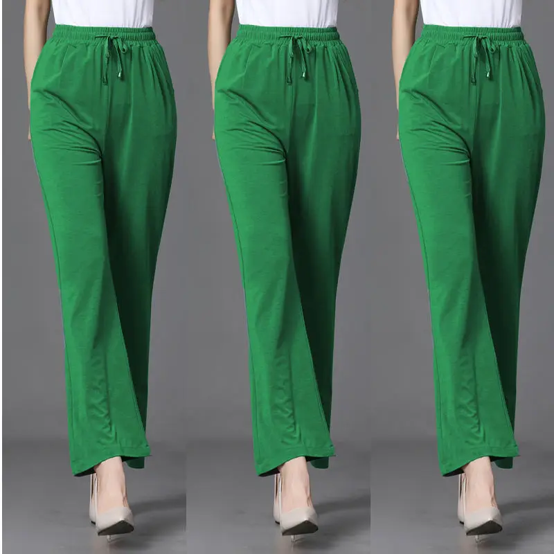 여성용 단색 와이드 레그 팬츠, 얇은 신축성 레이스업 하이 웨이스트, 루즈 캐주얼 스트레이트 팬츠, 한국 패션, 봄 여름, 5XL, 신상