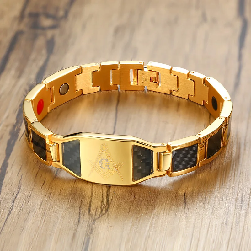 Men Stainless Steel Magnetic Health Energy Hologram Bracelet Gold-color Carbon Fiber ID