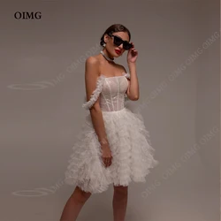 OIMG Short Off Shoulder Tulle Wedding Dresses Tiered Shiny Sequins Mini Fairy Princess Bride Bridal Gowns Party Prom Dress
