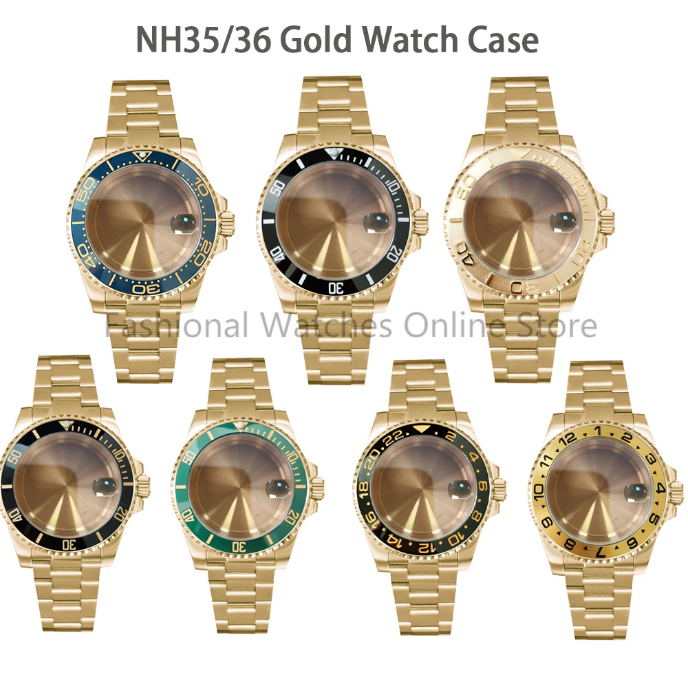 

40mm Watch Case + Strap Set PVD Electroplating Gold Stainless Steel Watch Accessories with Sapphire Glass for NH35/NH36 Movement