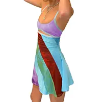 2024 New Women’s Casual Sweet Suspender A-line Dress Fashion Contrast Color U-neck Hollow Short Dress - Image 4