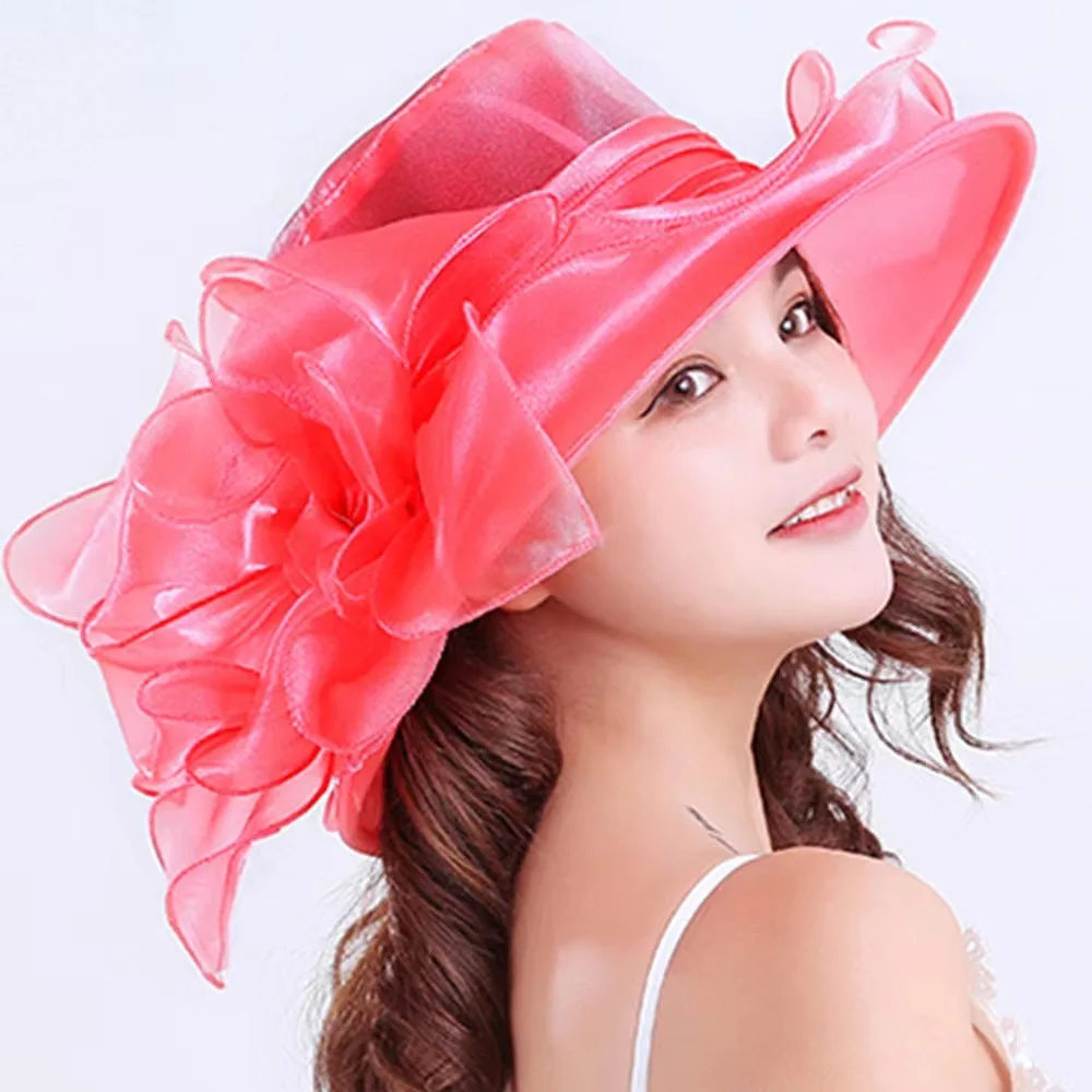 

1Pc Elegant Bow Lady Hat Summer Organza Wide Brim Sunscreen Kentucky Derby Hats For Women Church Wedding Beach Sun Cap