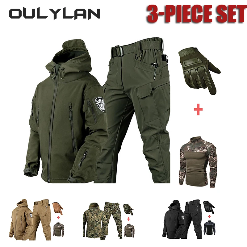 2024 Outdoor Men's Tactical Set Warm Shark Skin Set Mountaineering Suit Gloves Jacket T-shirt Pants Set for Spring Autumn Winter 3