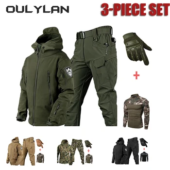 2024 Outdoor Men's Tactical Set Warm Shark Skin Set Mountaineering Suit Gloves Jacket T-shirt Pants Set for Spring Autumn Winter 3
