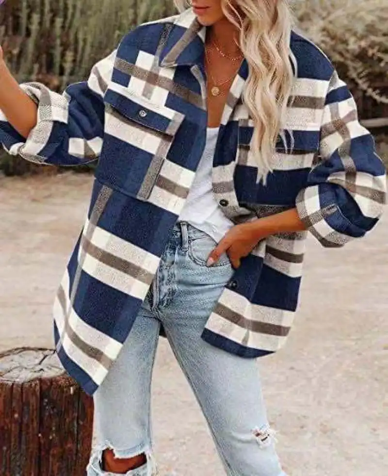 Plaid Woolen Coat Women's 2023 Autumn Winter Fashion Loose High-quality Woolen Mid-length Jacket Overcoat Women Clothing