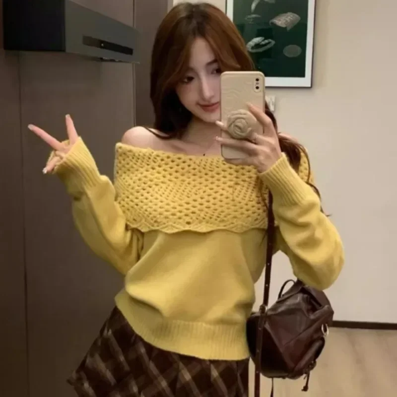 New Women's Off-shoulder One-word Shoulder Slim-fitting Long-sleeved Sweater Hollow Collar Solid Color Elegant Casual Knitwear