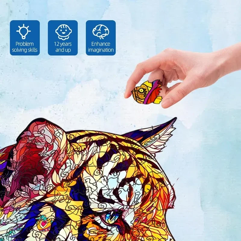 200Pcs Tiger Wooden Jigsaw Puzzles for Adults 28x28cm Wood Adult Puzzles Unique Shaped Wooden Colorful Jigsaw