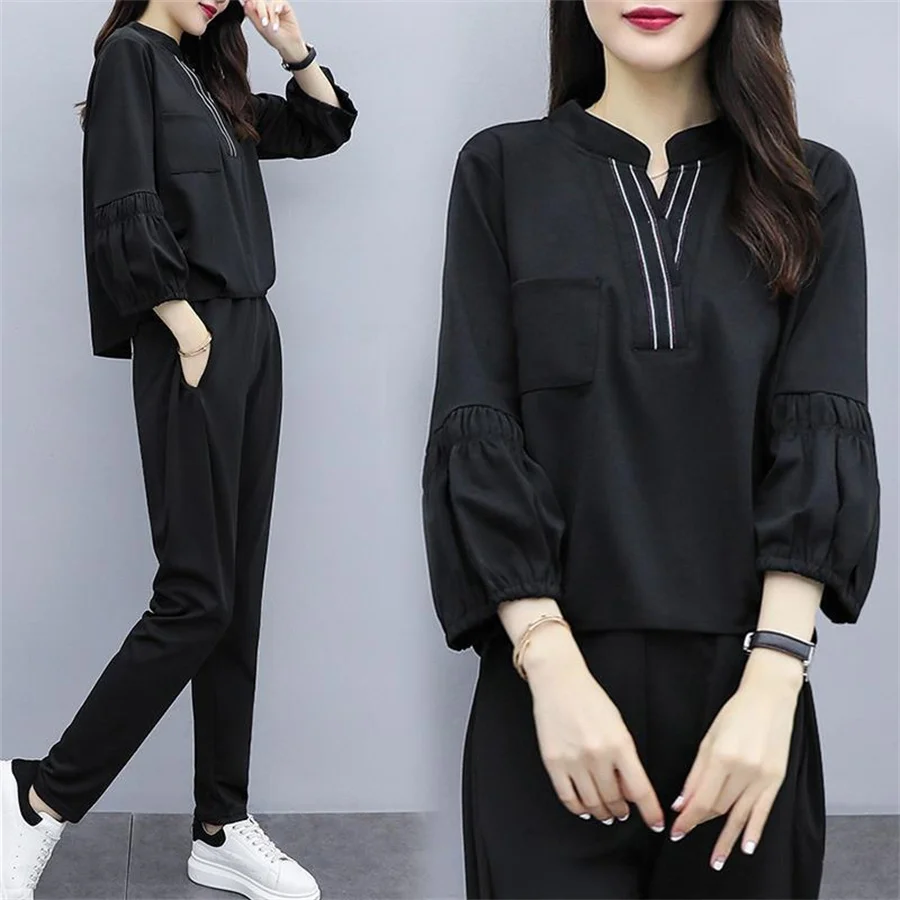 

Женский Повседневный костюм, Модный укороченный топ с V-образным вырезом, Новинка лета 2023, брюки-карандаш и футболка с коротким рукавом, комплект из двух предметов, женский спортивный костюм